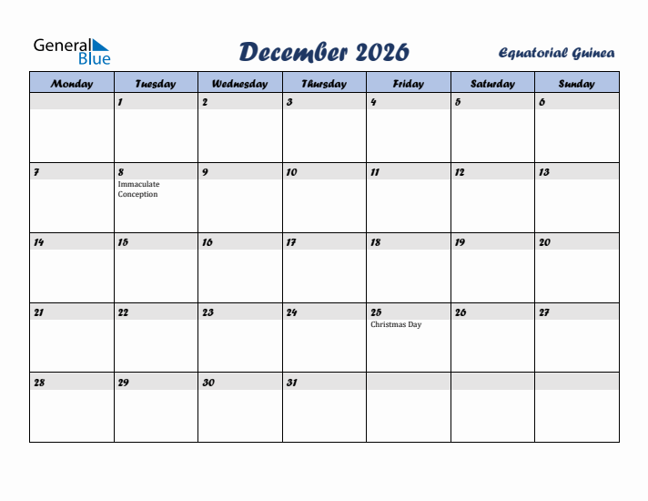 December 2026 Calendar with Holidays in Equatorial Guinea