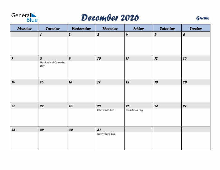 December 2026 Calendar with Holidays in Guam