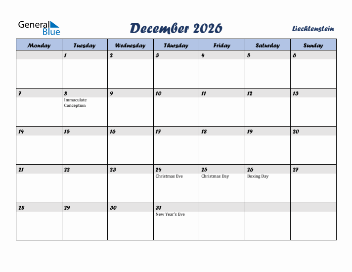 December 2026 Calendar with Holidays in Liechtenstein