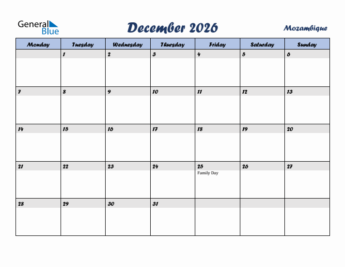 December 2026 Calendar with Holidays in Mozambique