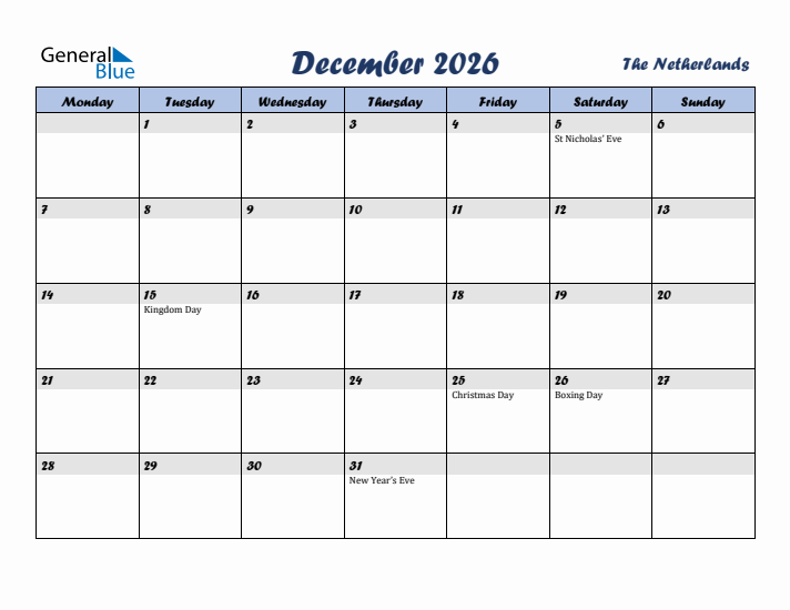 December 2026 Calendar with Holidays in The Netherlands