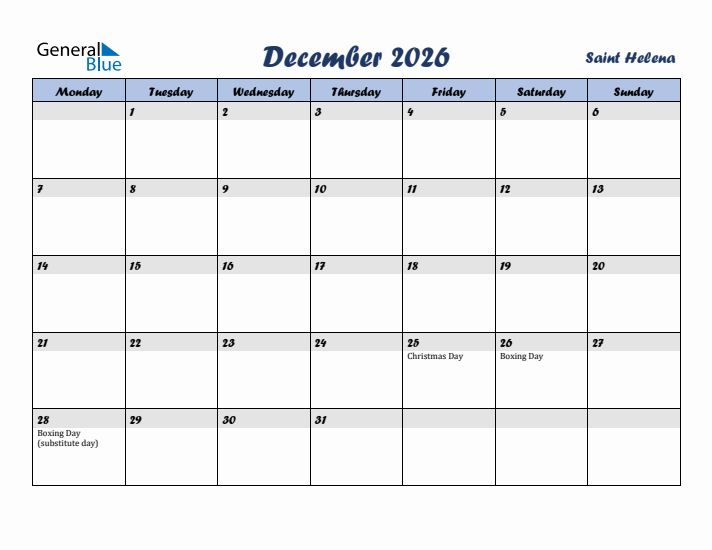 December 2026 Calendar with Holidays in Saint Helena