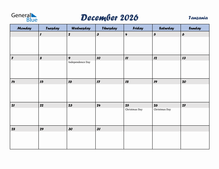 December 2026 Calendar with Holidays in Tanzania