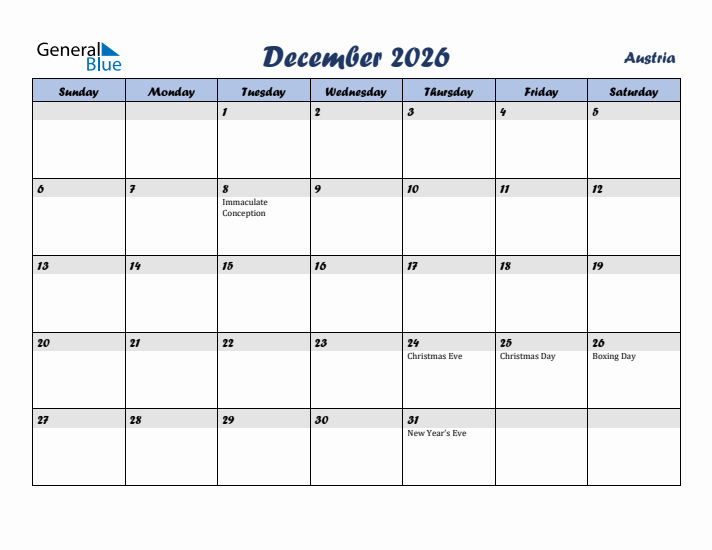 December 2026 Calendar with Holidays in Austria