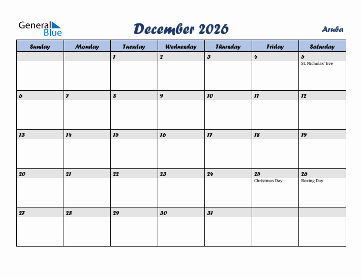 December 2026 Calendar with Holidays in Aruba