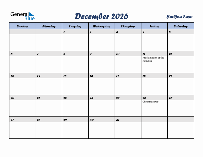 December 2026 Calendar with Holidays in Burkina Faso