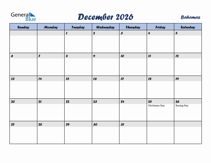 December 2026 Calendar with Holidays in Bahamas