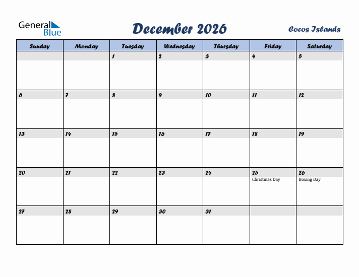 December 2026 Calendar with Holidays in Cocos Islands