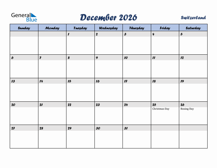 December 2026 Calendar with Holidays in Switzerland