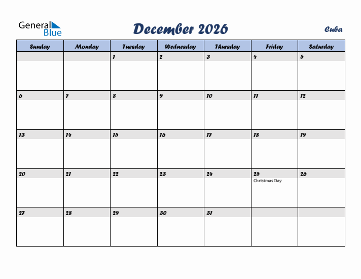 December 2026 Calendar with Holidays in Cuba