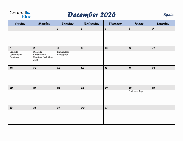 December 2026 Calendar with Holidays in Spain