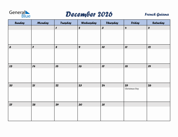 December 2026 Calendar with Holidays in French Guiana