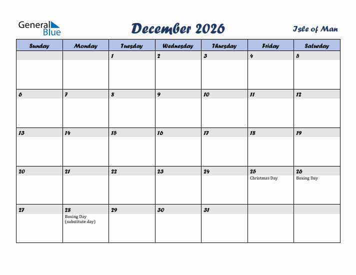 December 2026 Calendar with Holidays in Isle of Man