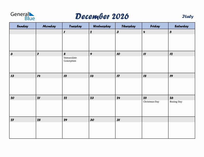 December 2026 Calendar with Holidays in Italy