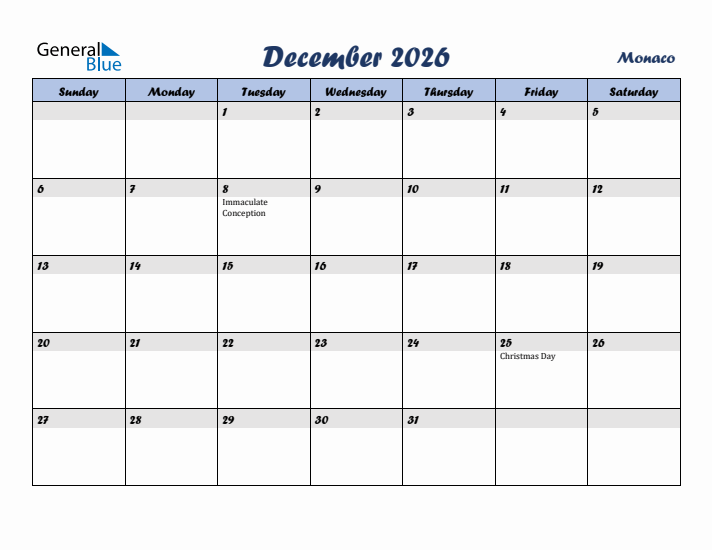 December 2026 Calendar with Holidays in Monaco