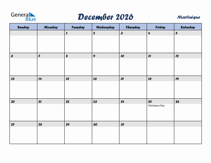 December 2026 Calendar with Holidays in Martinique