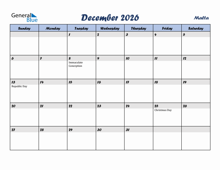 December 2026 Calendar with Holidays in Malta