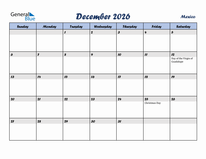 December 2026 Calendar with Holidays in Mexico