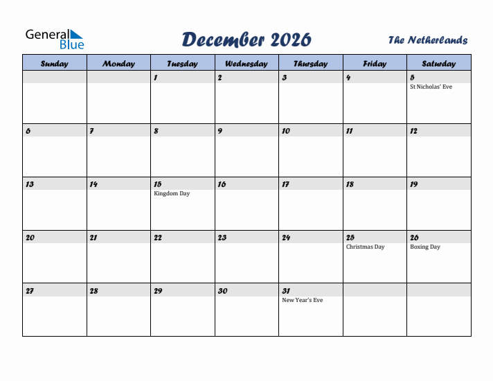 December 2026 Calendar with Holidays in The Netherlands