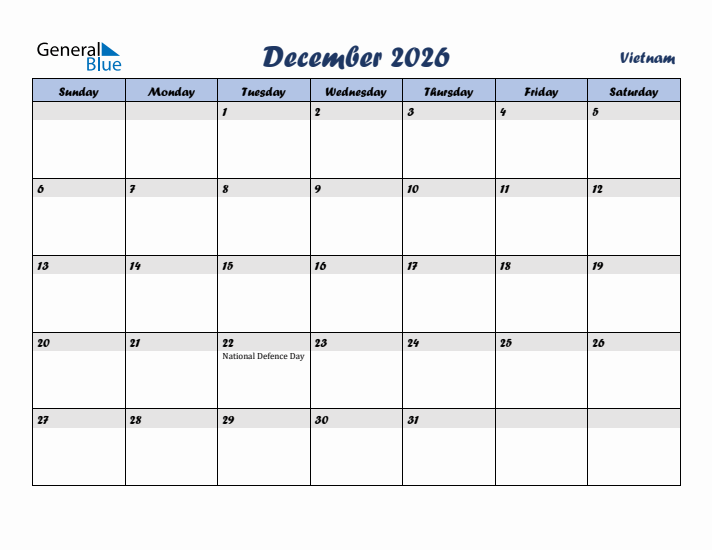 December 2026 Calendar with Holidays in Vietnam