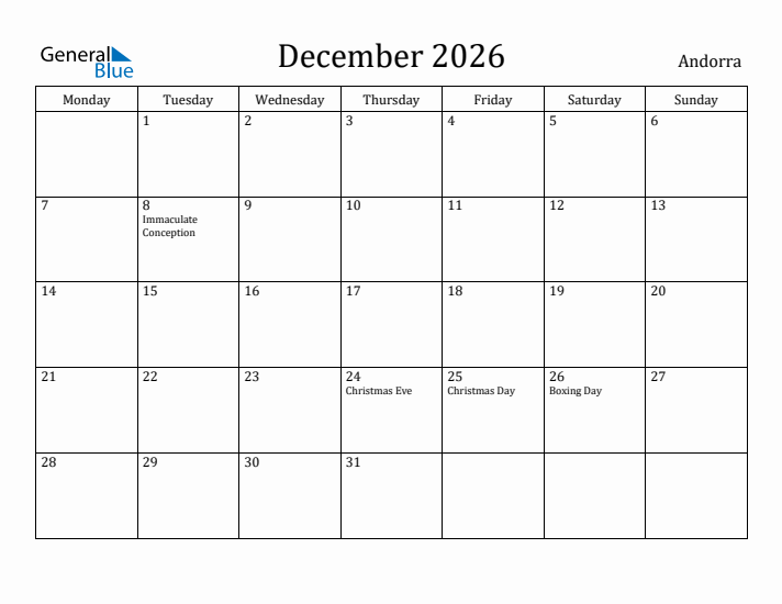 December 2026 Calendar Andorra