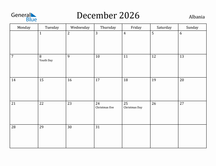 December 2026 Calendar Albania