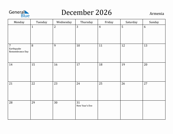 December 2026 Calendar Armenia