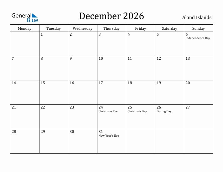 December 2026 Calendar Aland Islands