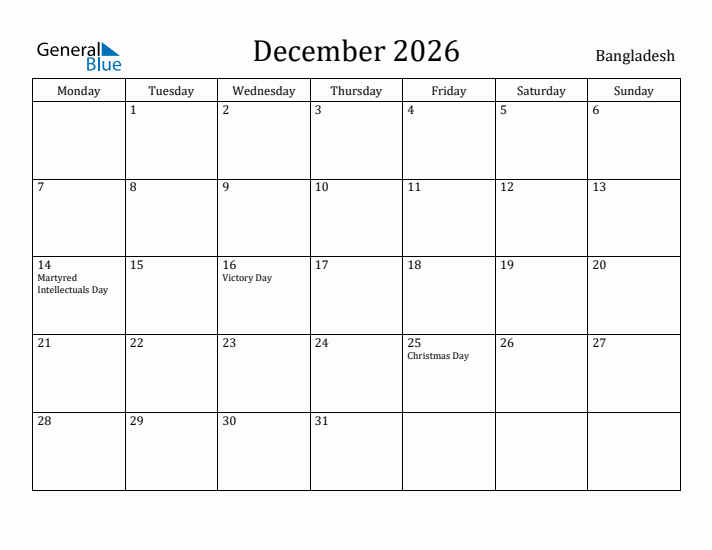 December 2026 Calendar Bangladesh