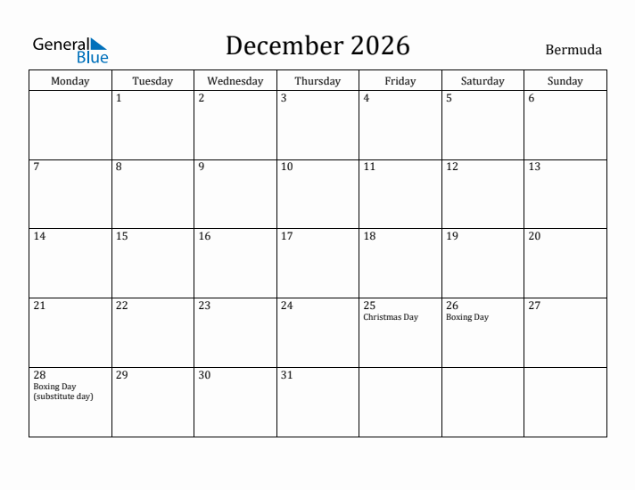 December 2026 Calendar Bermuda