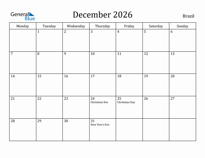 December 2026 Calendar Brazil