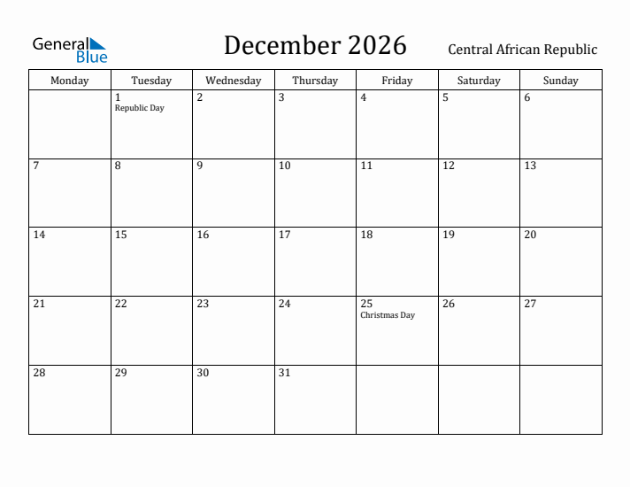 December 2026 Calendar Central African Republic