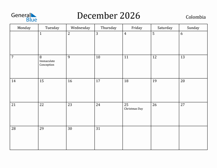 December 2026 Calendar Colombia