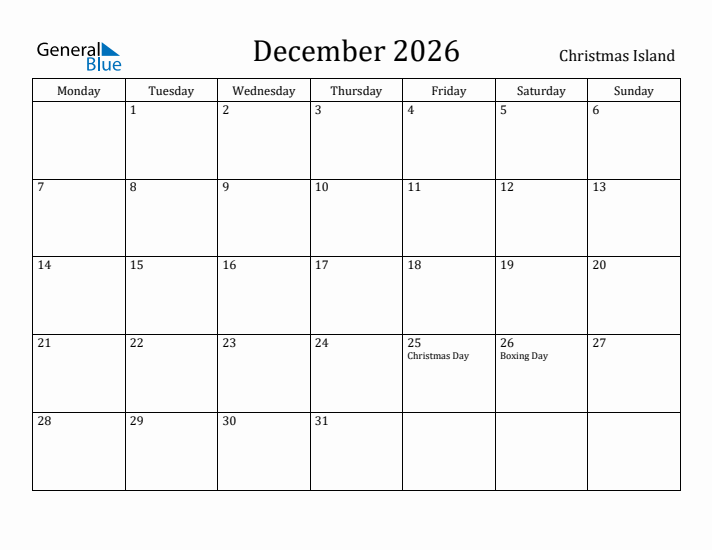 December 2026 Calendar Christmas Island