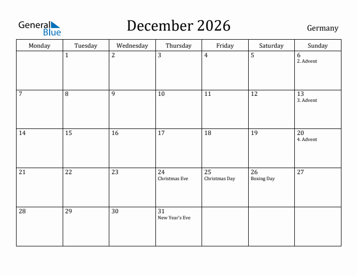 December 2026 Calendar Germany