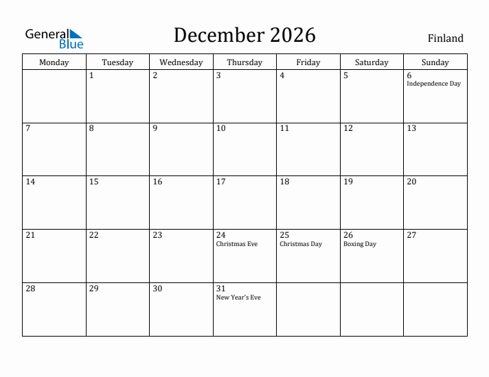 December 2026 Calendar Finland