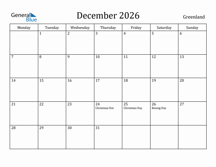 December 2026 Calendar Greenland