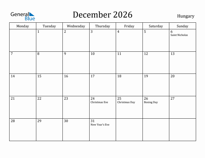 December 2026 Calendar Hungary