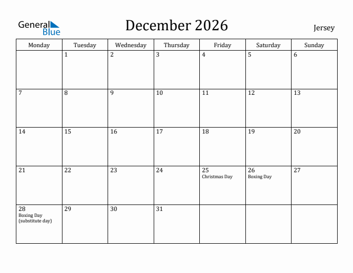 December 2026 Calendar Jersey