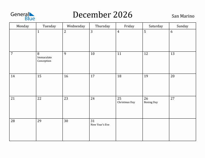 December 2026 Calendar San Marino