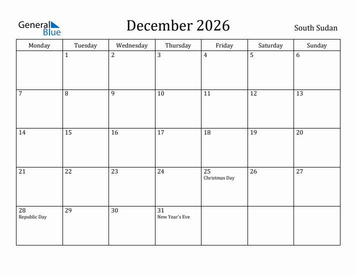 December 2026 Calendar South Sudan