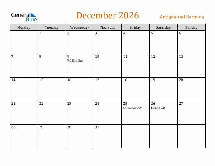 December 2026 Holiday Calendar with Monday Start