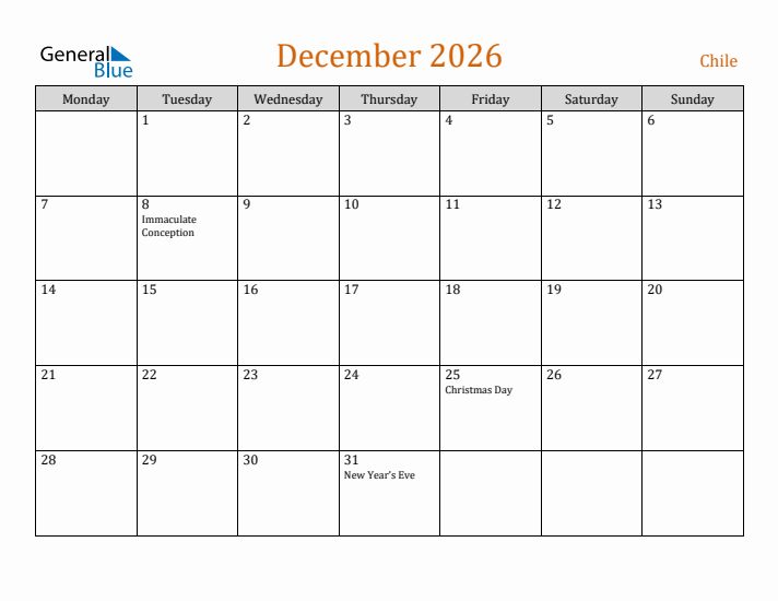 December 2026 Holiday Calendar with Monday Start