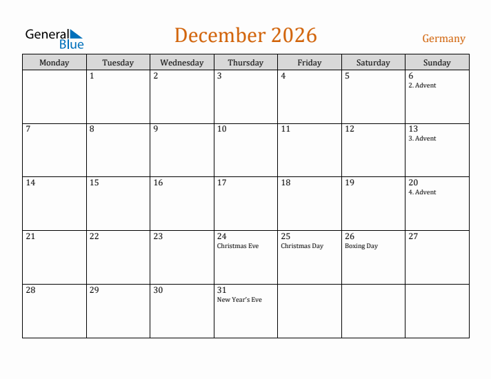 December 2026 Holiday Calendar with Monday Start