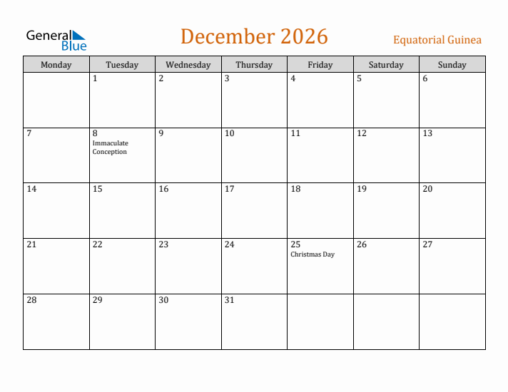 December 2026 Holiday Calendar with Monday Start