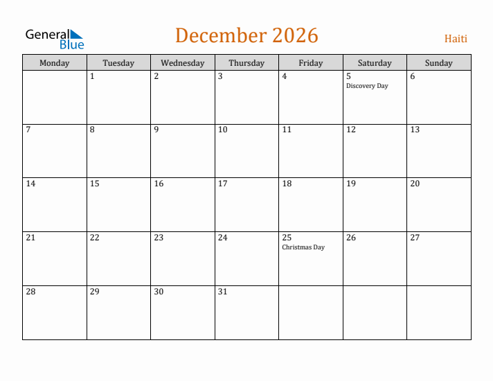 December 2026 Holiday Calendar with Monday Start