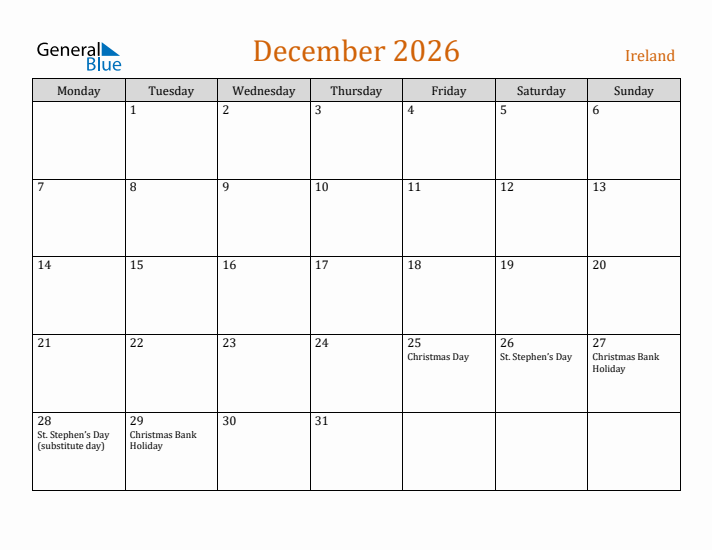 December 2026 Holiday Calendar with Monday Start