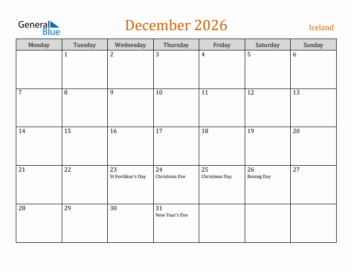 December 2026 Holiday Calendar with Monday Start