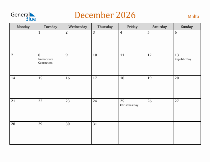 December 2026 Holiday Calendar with Monday Start