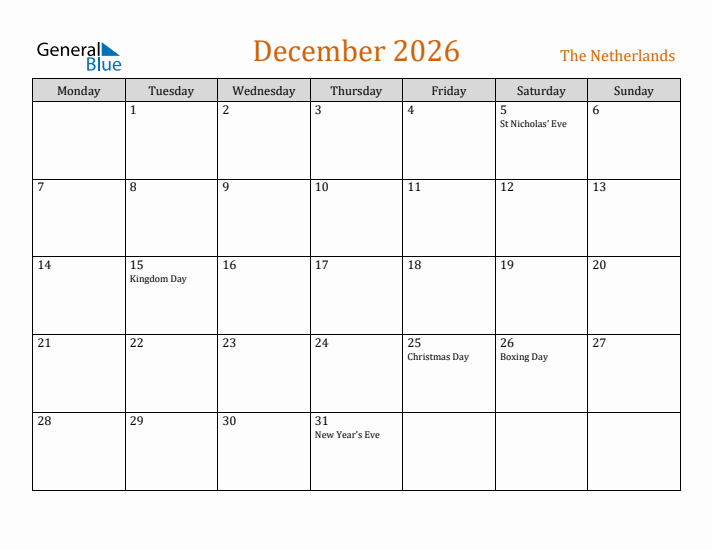 December 2026 Holiday Calendar with Monday Start